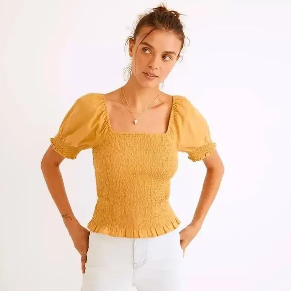 Madewell Lucie Gold Puff-Sleeve Smocked Bodice Top Size Medium NWT - Picture 2 of 11